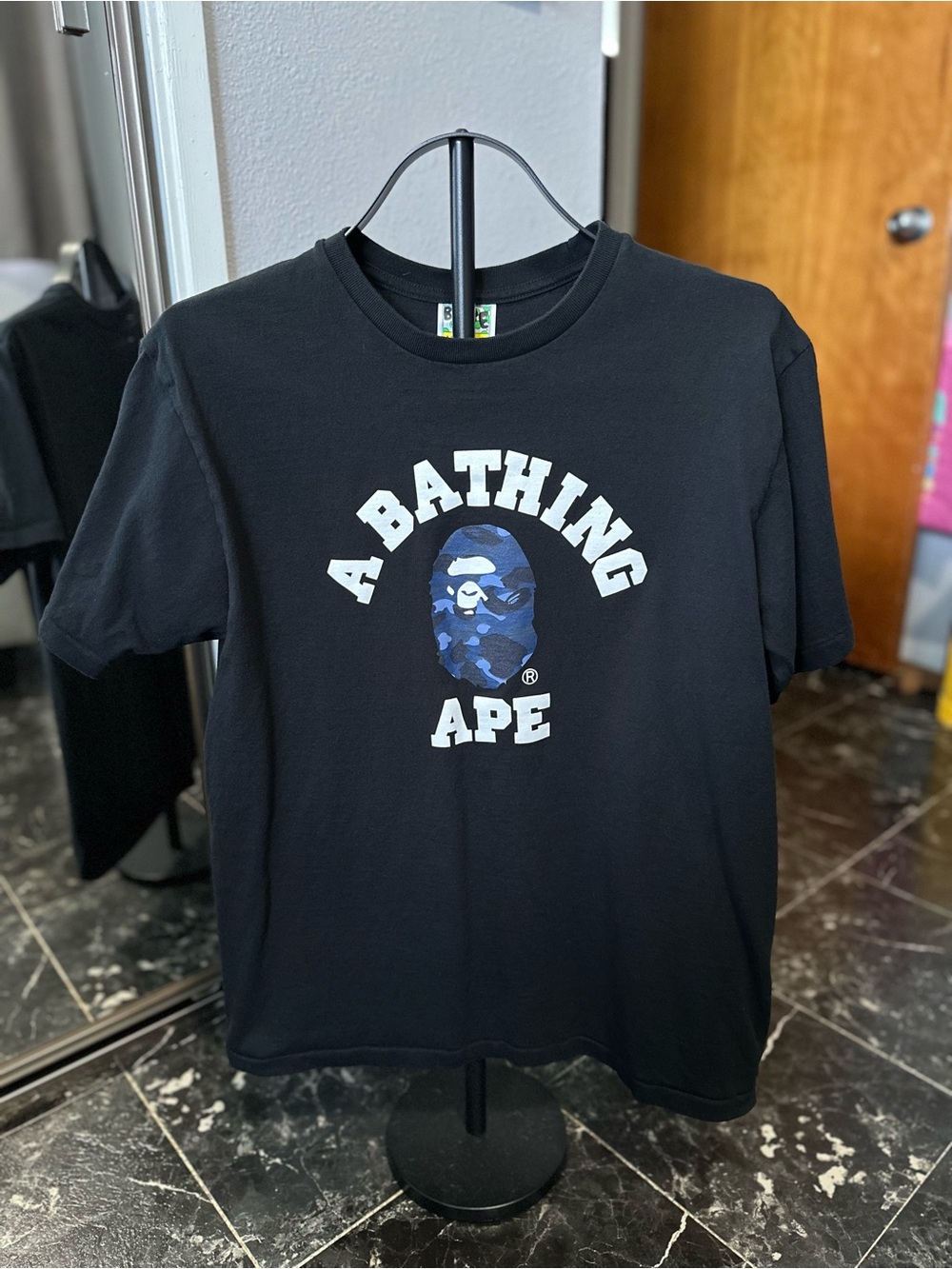 Bape Black Short Sleeve Logo Tee with Blue Camo Ape Head